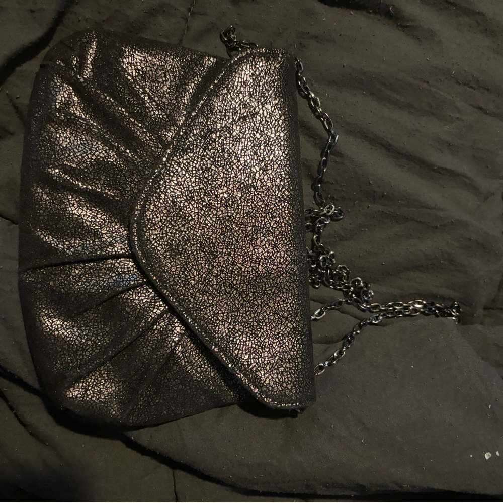 Black Metallic Clutch with Chain Strap
